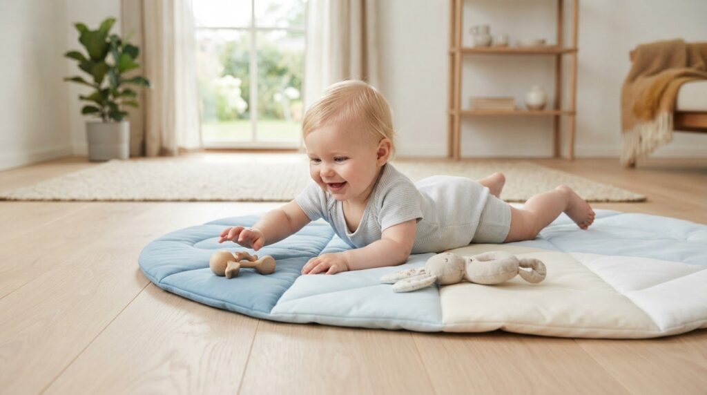 Pletafvisende legetæppe til babyens mavetid og leg